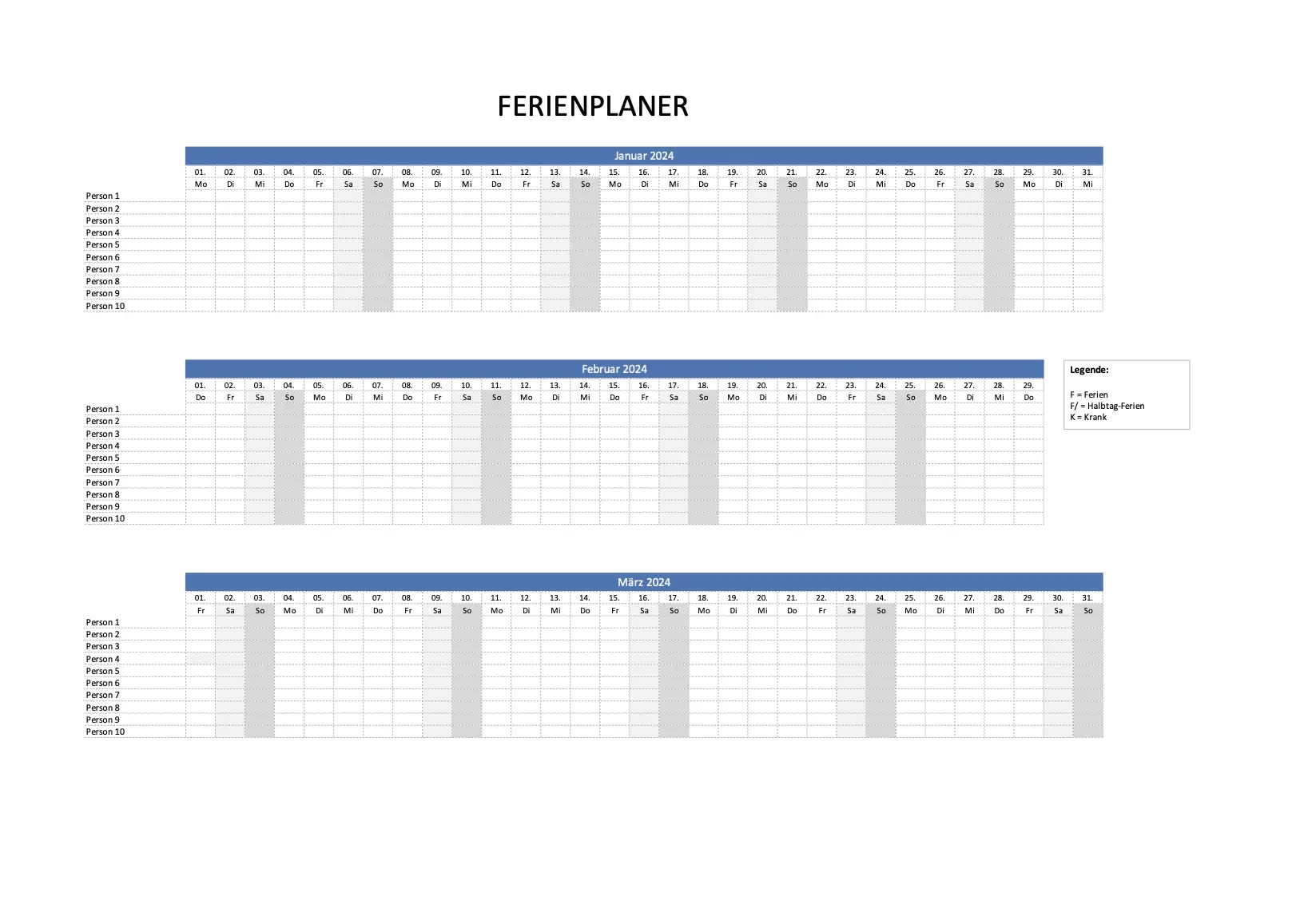 Kalender 2024 Vorlage Excel