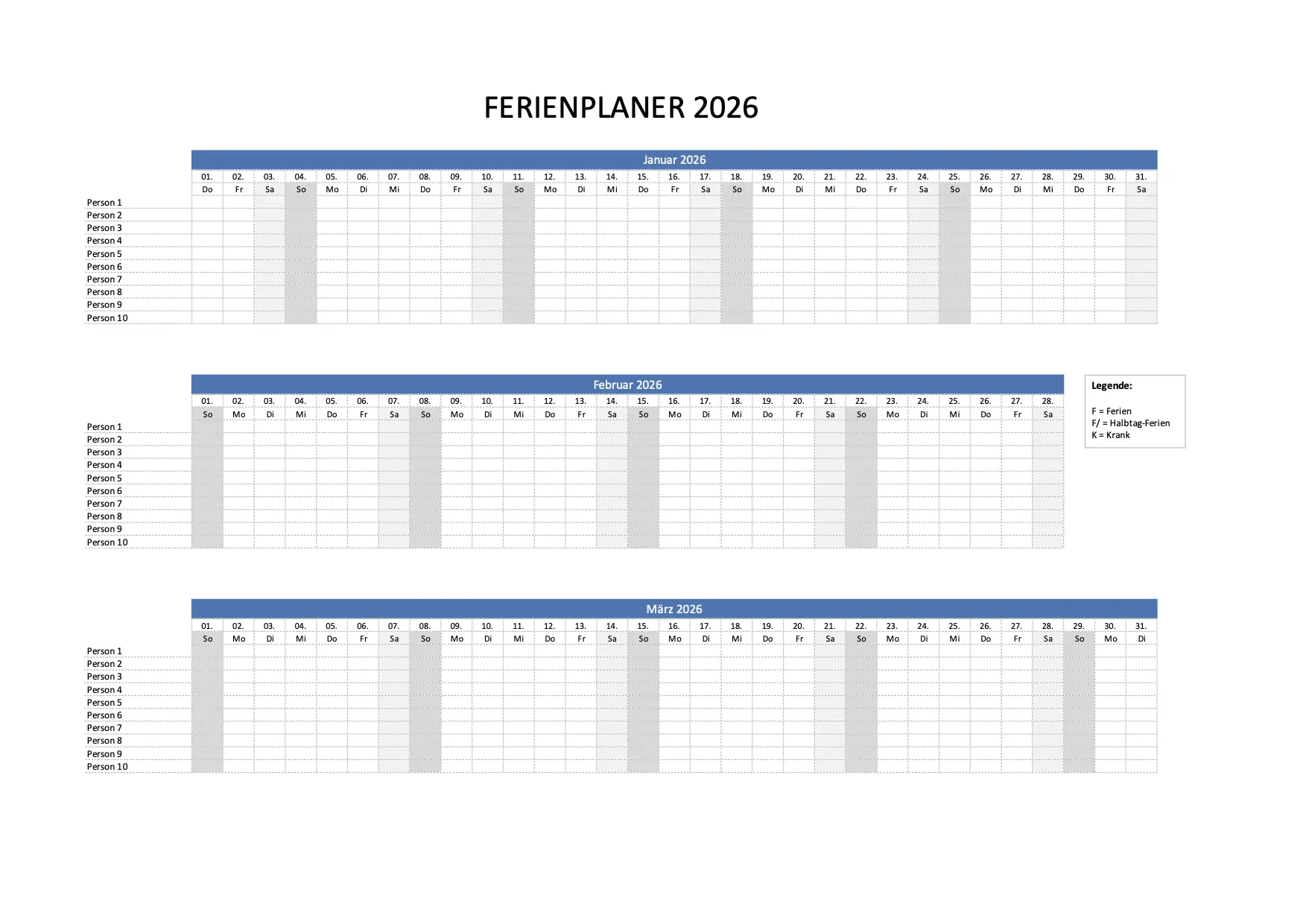 Ferien 2026 Kalender