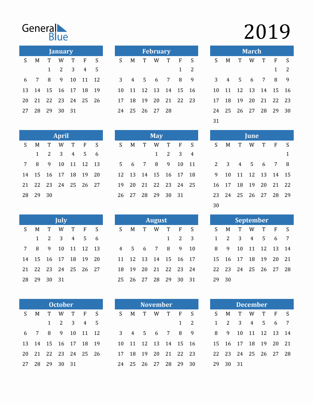 Free 2019 Calendars In PDF Word Excel