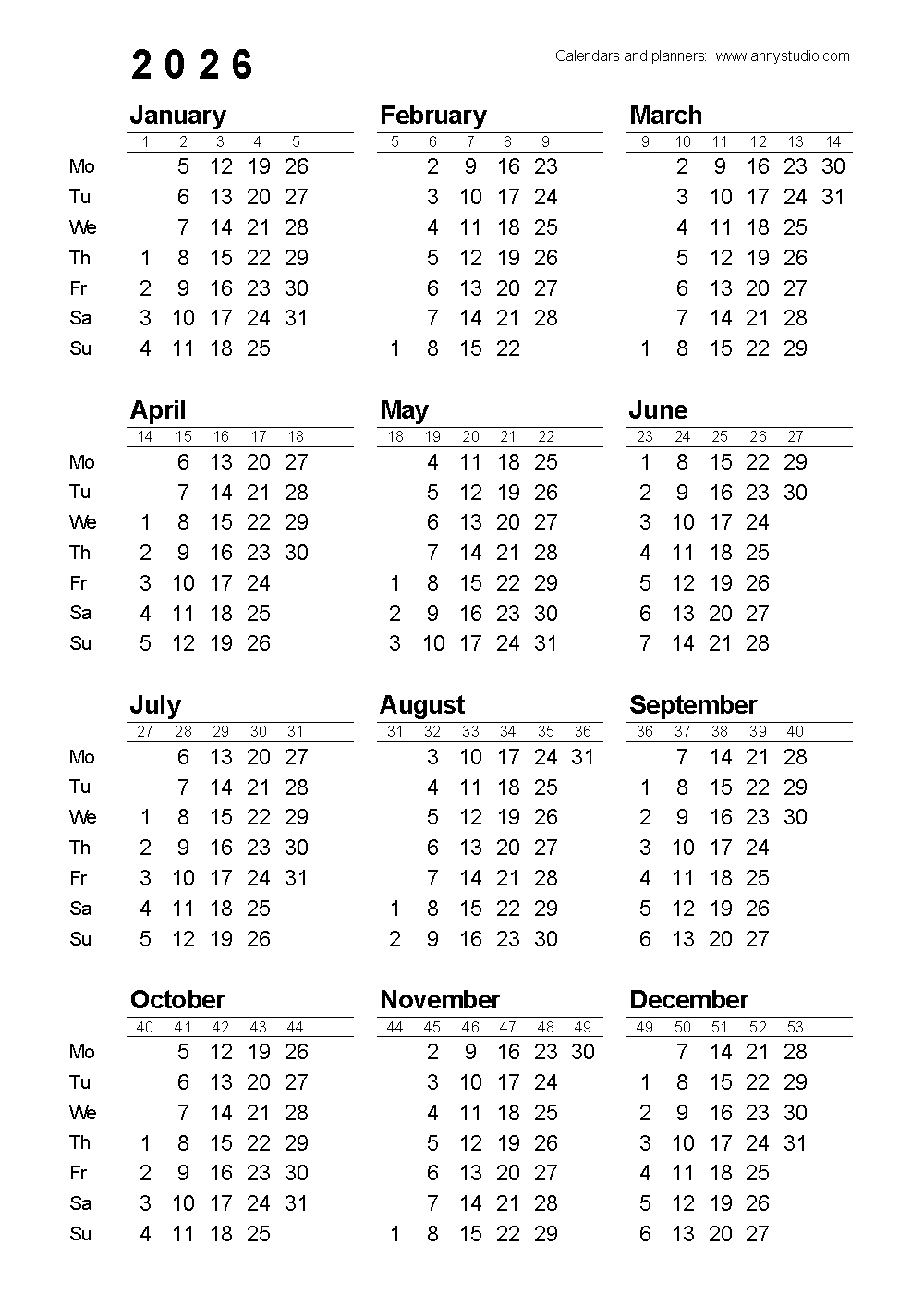 Kalender Weken 2026