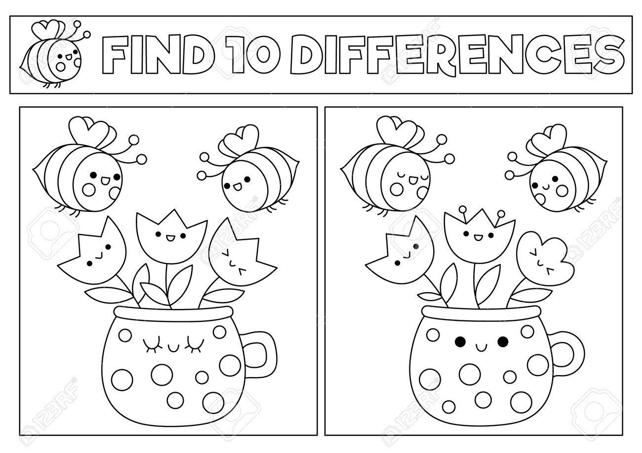 Garten Schwarz Wei Kawaii Spiel Unterschiede Finden Zum Ausmalen Mit S en Bienen Und Blumen Im Topf Fr hlingsferien Puzzle Oder Aktivit t F r Kinder Zum Ausdrucken Arbeitsblatt Was Ist Anders Lizenzfrei Nutzbare SVG Vektorgrafiken Clip Arts 