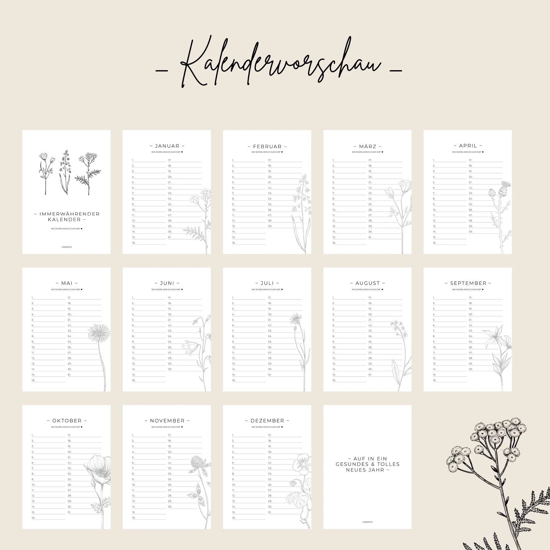 Geburtstagskalender Blumen Immerw hrend Und Schlicht Wandkalender JDesignerie