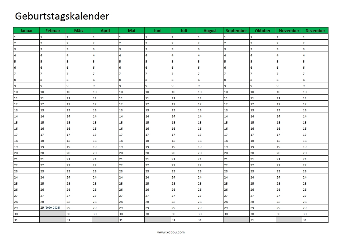 Geburtstagskalender Vorlage Zum Ausdrucken MIT Zahlen