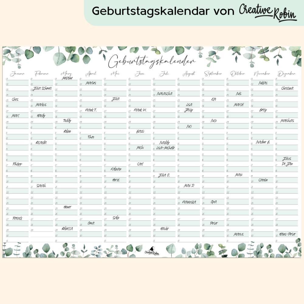 Geburtstagskalender Immerw hrend Eukalyptus I Jahresunabh ngiger Wandkalender I DIN A3 Dauerkalender I CreativeRobin
