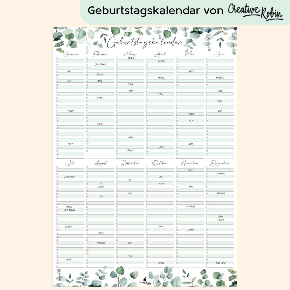 Geburtstagskalender Immerw hrend Eukalyptus I Jahresunabh ngiger Wandkalender I DIN A3 Dauerkalender I CreativeRobin