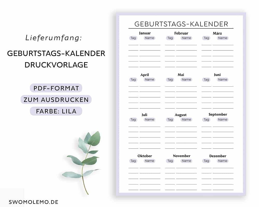 Geburtstagskalender Zum Ausdrucken Geburtstagsliste Vorlage Lila Swomolemo Printables