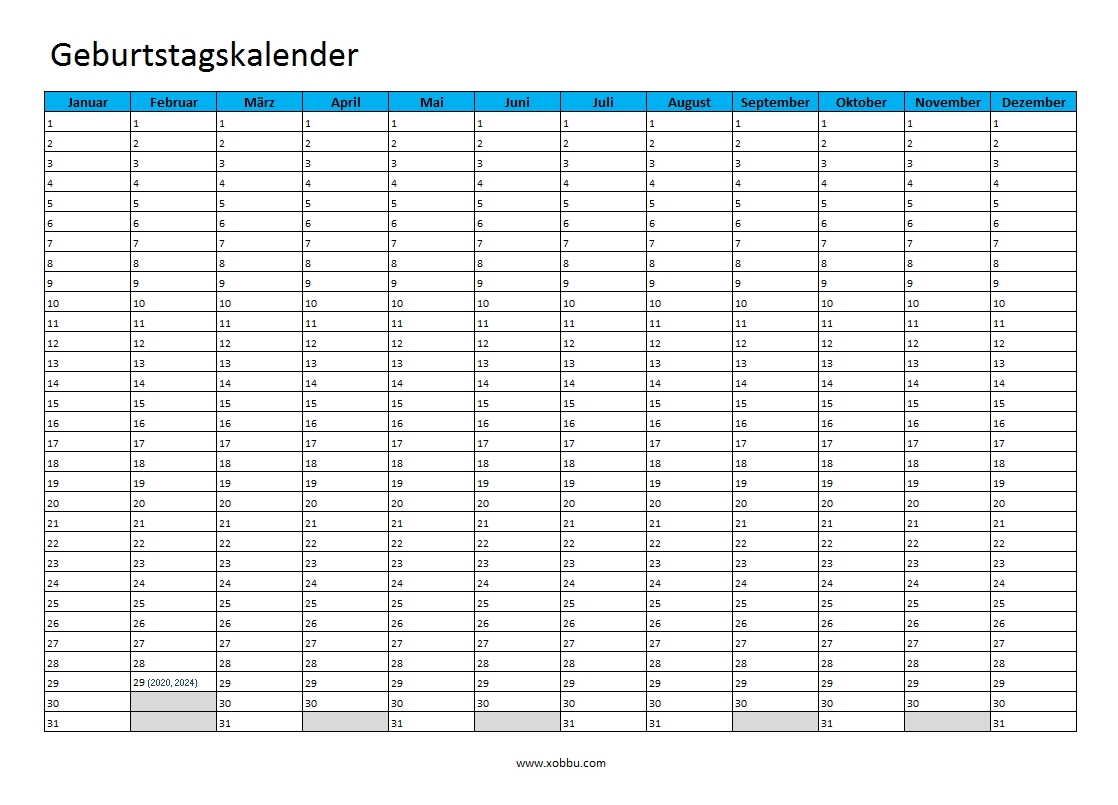 Geburtstagskalender Zum Ausdrucken PDF Excel Vorlage
