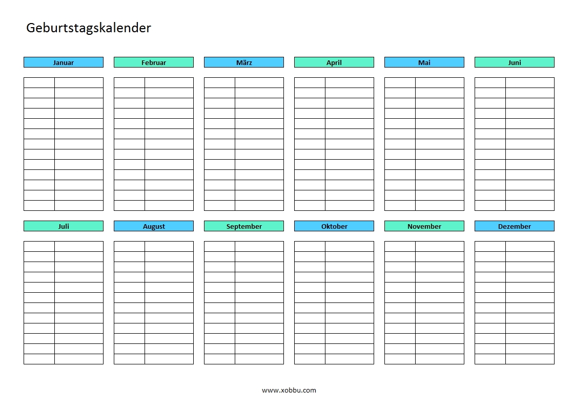 Geburtstagskalender Zum Ausdrucken PDF Excel Vorlage