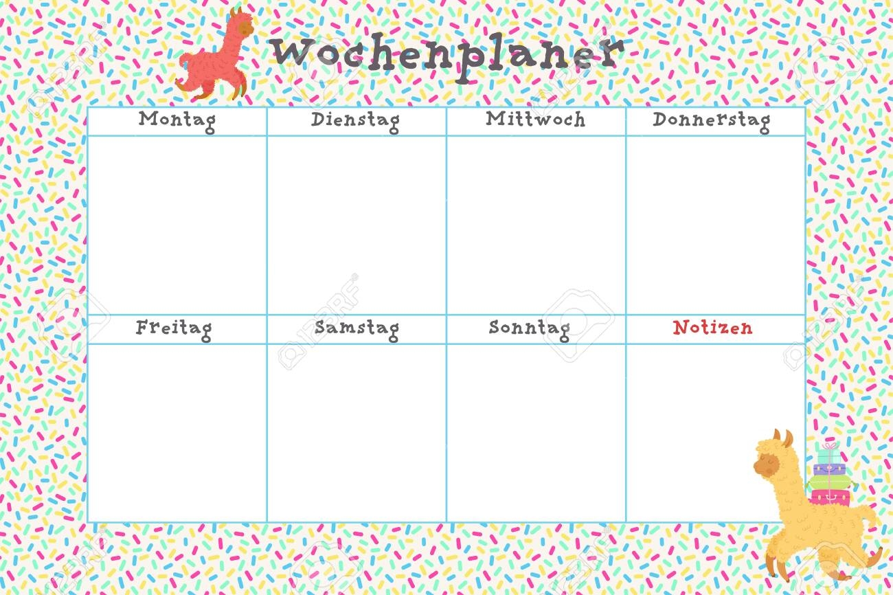 German Weekly Calendar Wochenplaner Montag Dienstag Mittwoch Donnerstag Freitag Samstag Sonntag Notizen Means Weekly Planner Monday Tuesday Wednesday Thursday Friday Saturday Sunday Notes Royalty Free SVG Cliparts Vectors And 