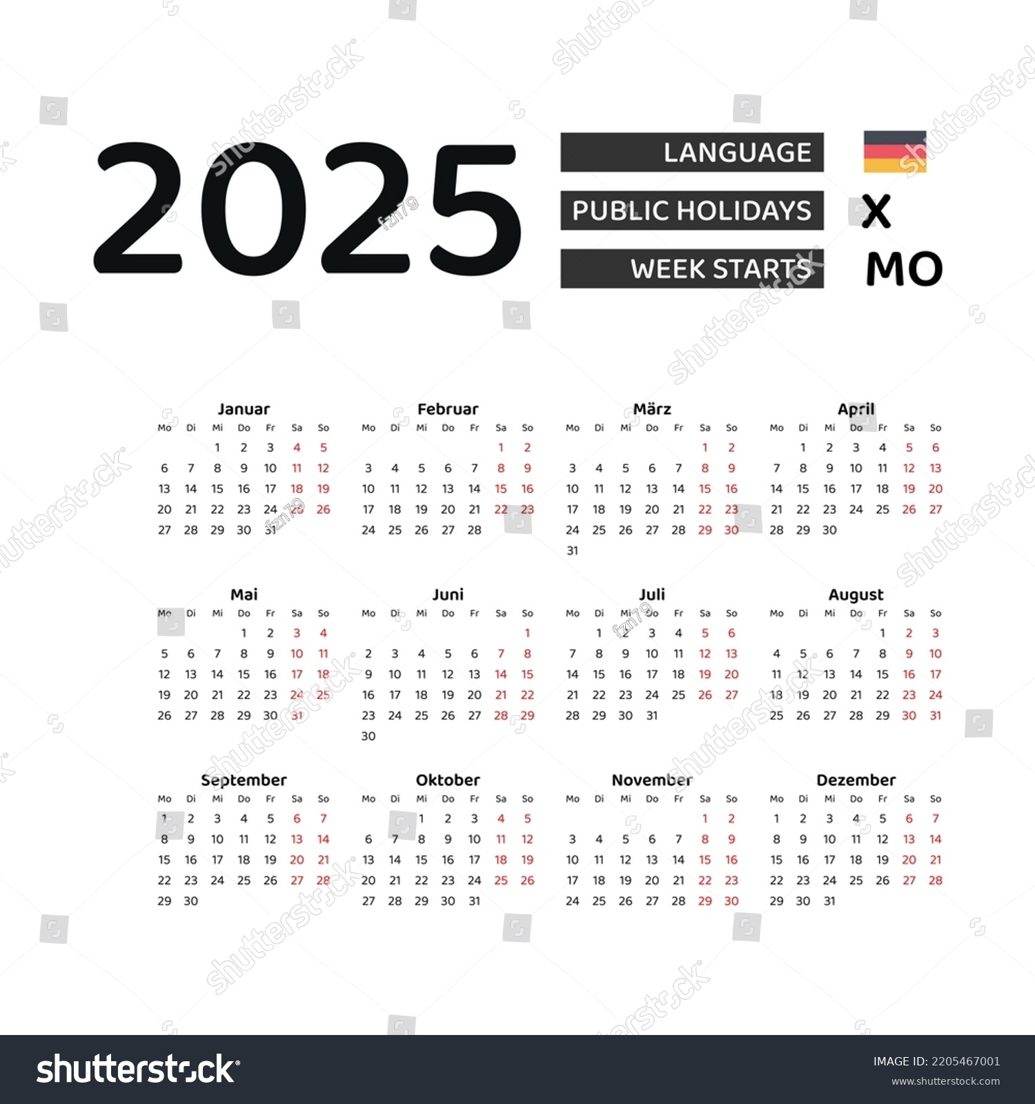 Germany Calendar 2025 Week Starts Monday Stock Vector Royalty Free 2205467001 Shutterstock
