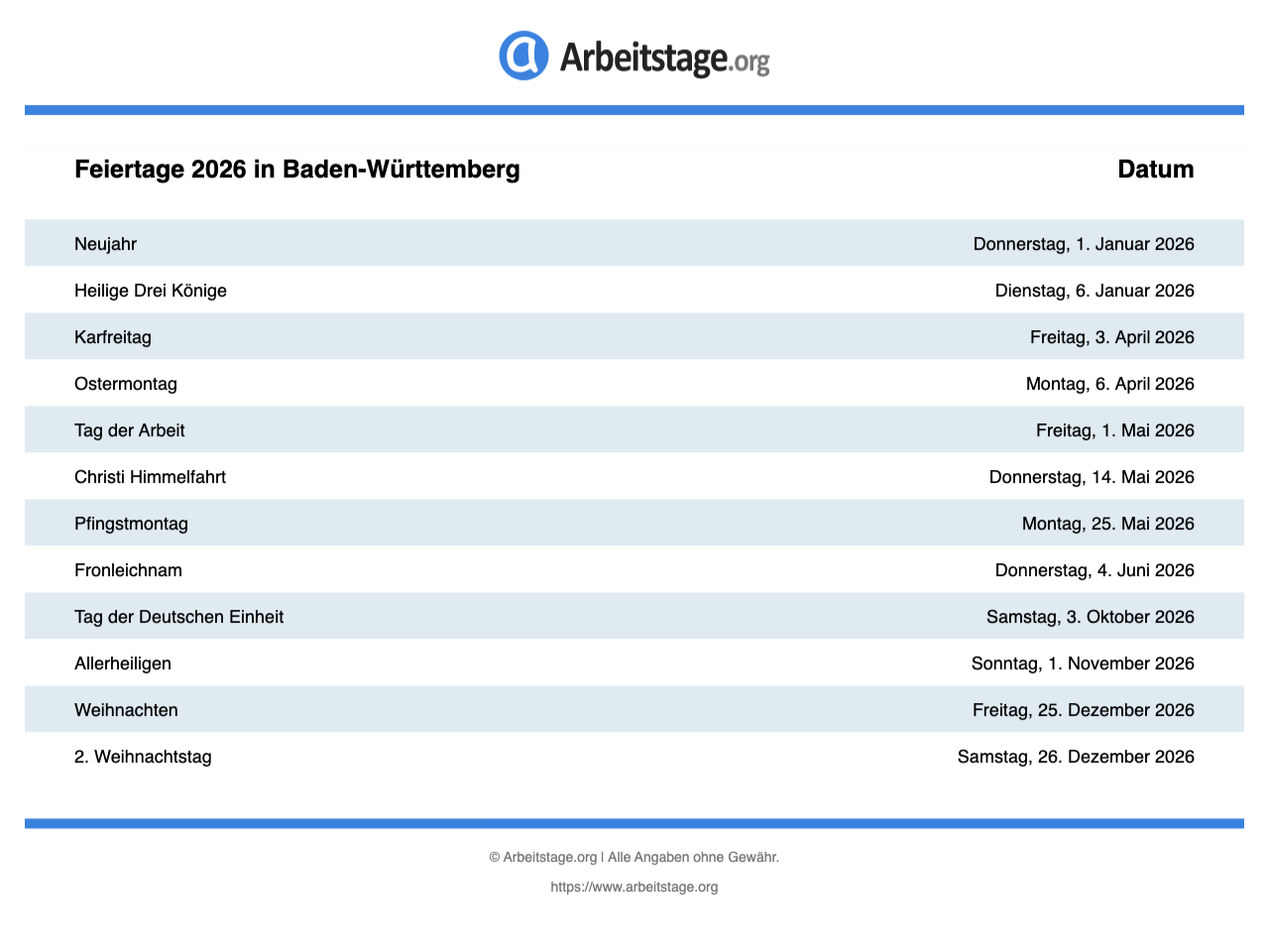 Gesetzliche Feiertage Baden W rttemberg 2025 2026 2027