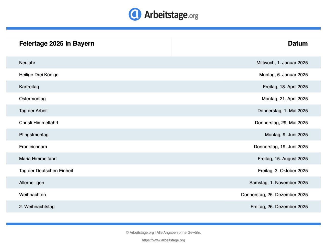 Gesetzliche Feiertage Bayern 2025 2026 2027