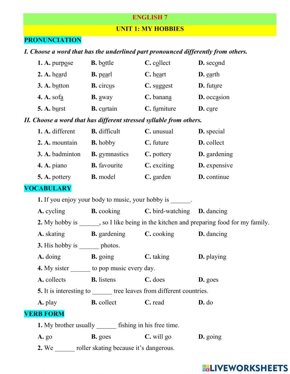 Grade 7 unit 1 Free Interactive Worksheets 1702524