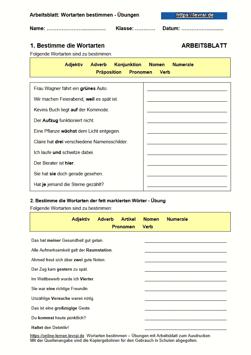 Grammatik Arbeitsbl tter