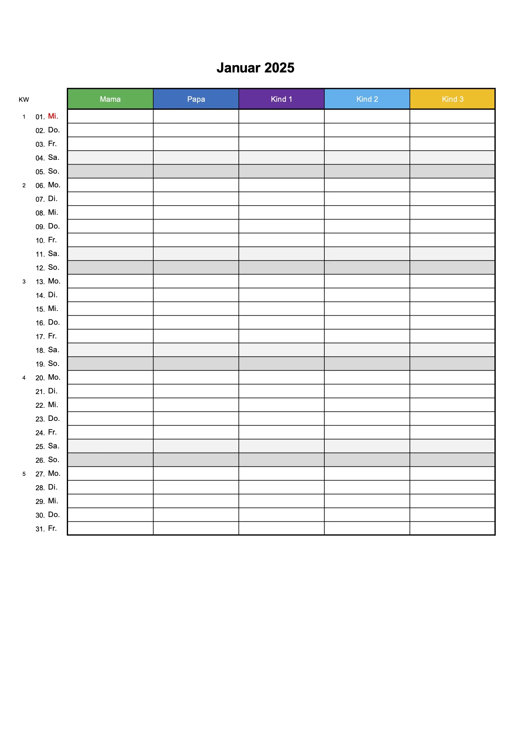Kinder Kalender 2025 Ausdrucken PDF