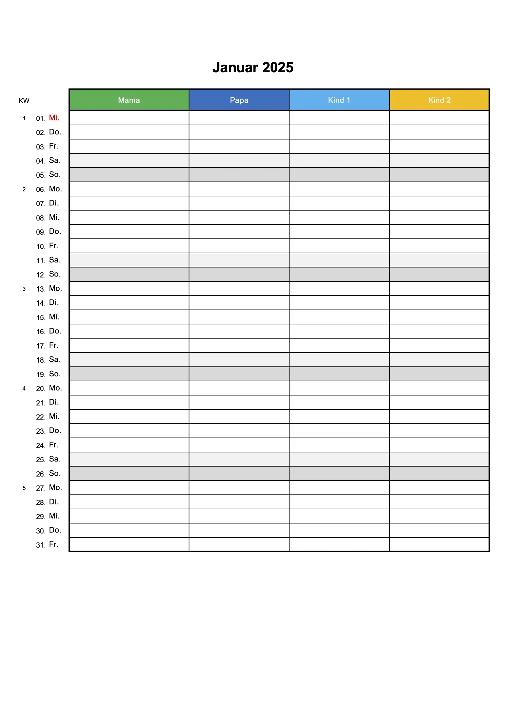 Gratis Familienkalender 2025 Zum Ausdrucken Excel PDF 
