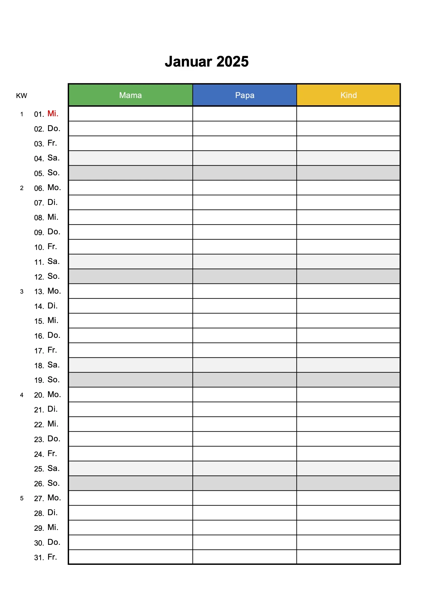 Gratis Familienkalender 2025 Zum Ausdrucken Excel PDF 