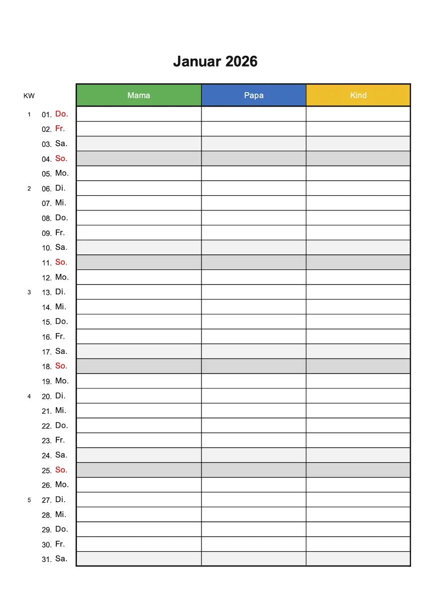 Gratis Familienkalender 2026 Zum Ausdrucken Excel PDF 