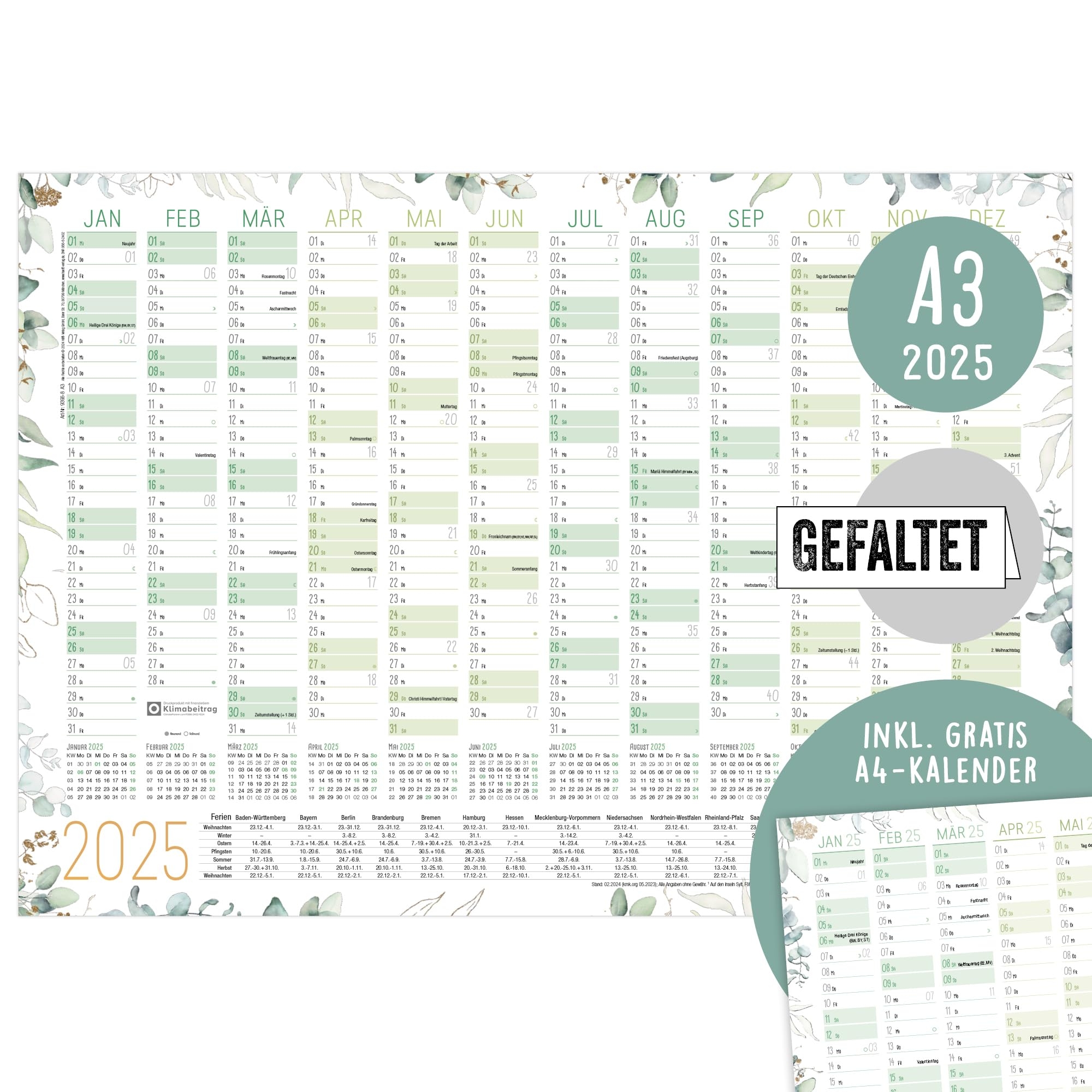 H fft Wandkalender 2025 A3 Gefalzt 42 X 29 7 Cm Blattgold Wandplaner Mit Ferien bersicht Und Feiertagen Gratis A4 Kalender Nachhaltig Klimafreundlich Amazon de B robedarf Schreibwaren