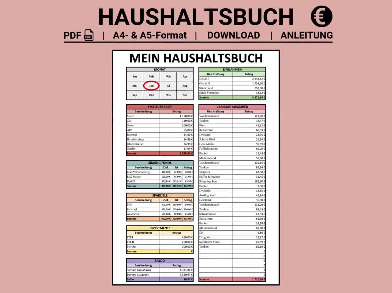 Haushaltsbuch Vorlage PDF A4 A5 format Ausdrucken Papier Farbig Wei Deutsch Euro Budgetplaner Finanzplaner Etsy