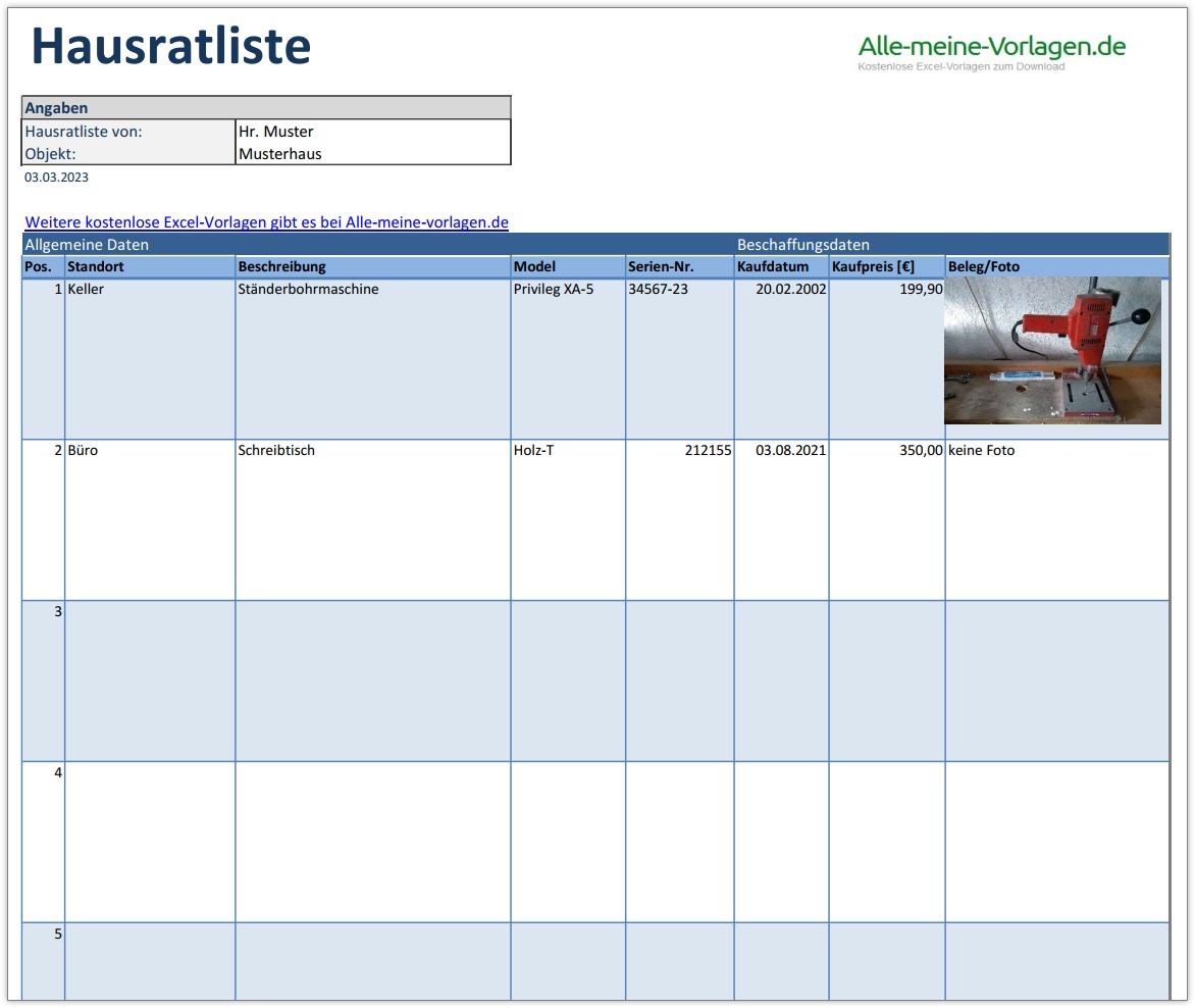 Hausratliste In Excel Mit Kostenloser Vorlage F hren Alle meine Vorlagen de