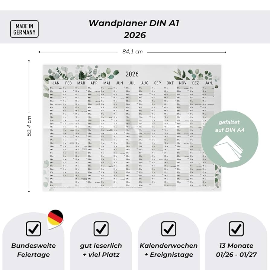 Heaven paper Jahresplaner 2026 A1 Wandkalender 2026 Gefaltet Gro er Kalender Mit Gro en Feldern Eukalyptus Illustrationen Wandplaner Mit Feiertagen Kalenderwochen Modern F r Familie B ro Amazon de B robedarf Schreibwaren