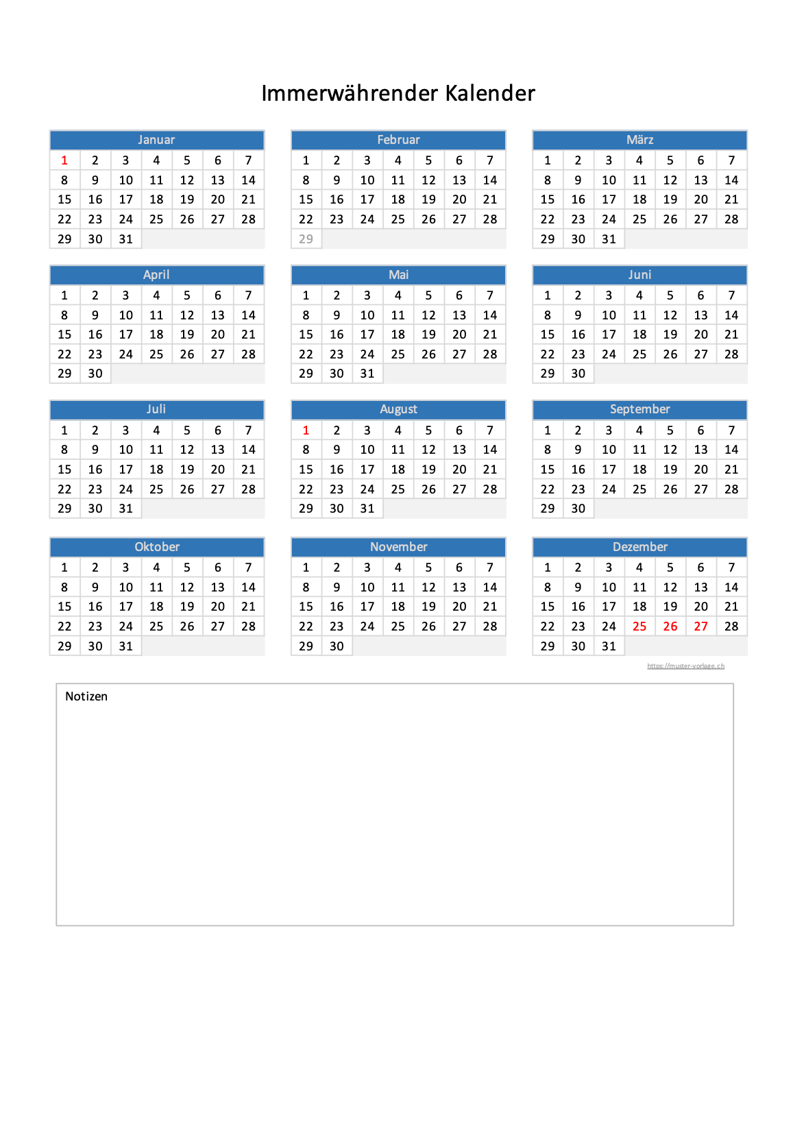 Immerw hrender Kalender Zum Ausdrucken Excel Word PDF 