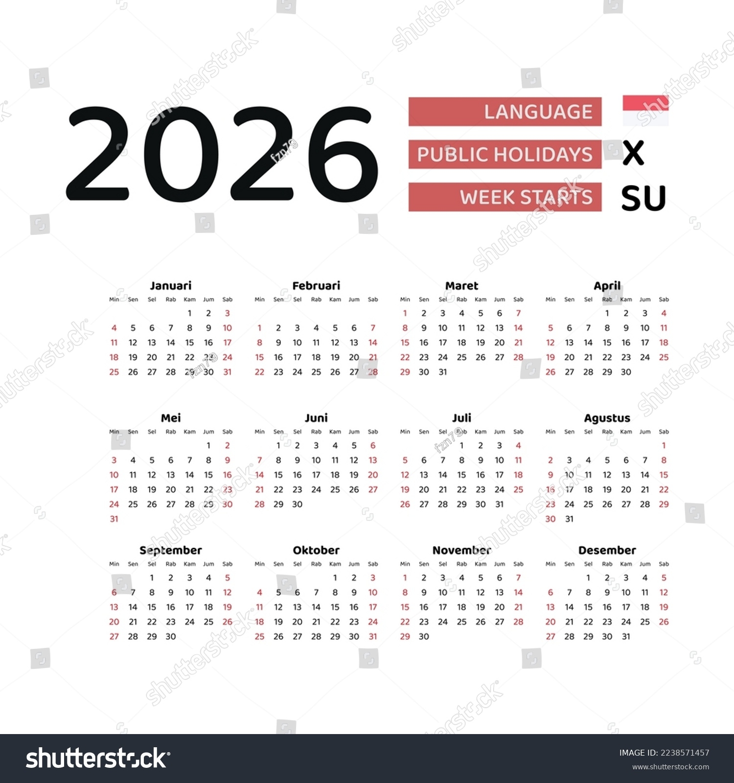 Indonesia Calendar 2026 Week Starts Sunday Stock Vector Royalty Free 2238571457 Shutterstock