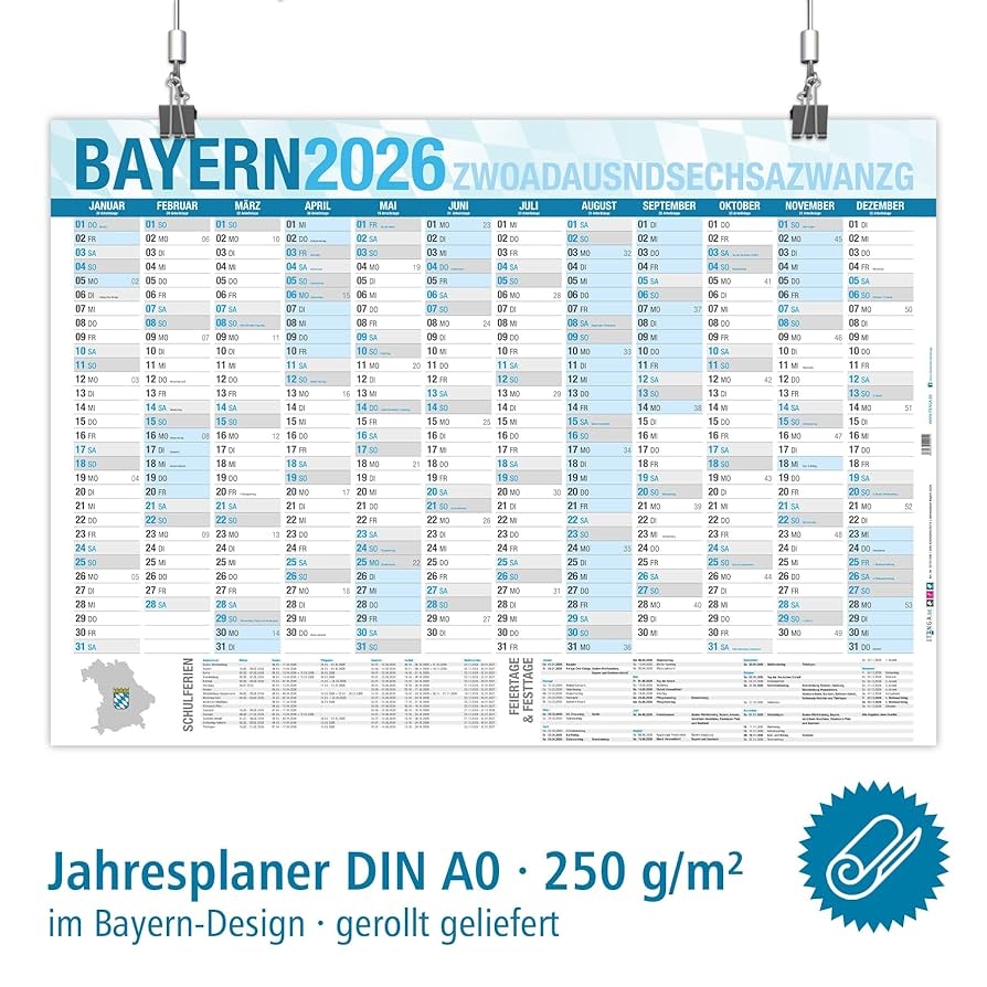 Itenga Jahresplaner Bayern 2026 Wandkalender DIN A0 118 9 X 84 1 Cm 250 G m Papier Feiertage Schulferien Jahres bersicht Ideal F r B ro Schule Zuhause Amazon de B robedarf Schreibwaren
