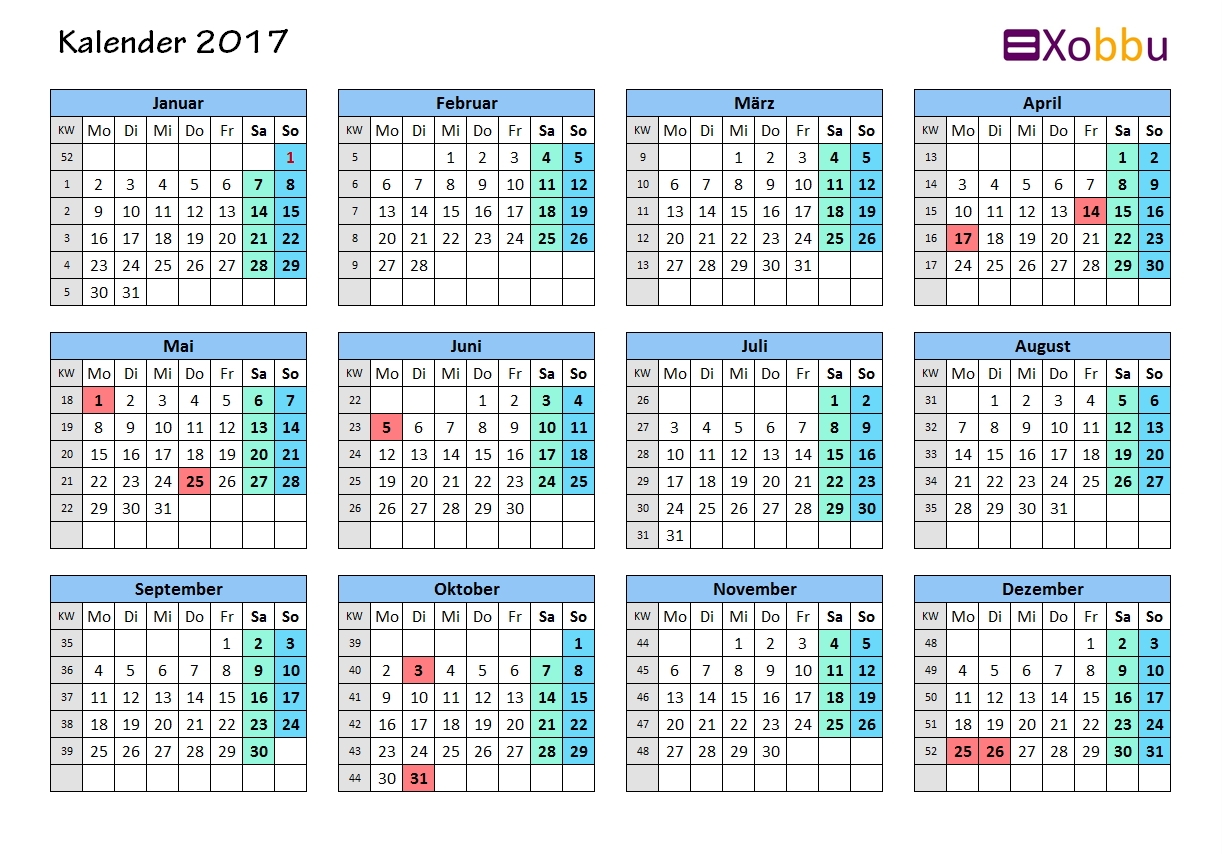 Jahres bersicht Kalender 2017 Mit Feiertagen Und Wochenenden Xobbu