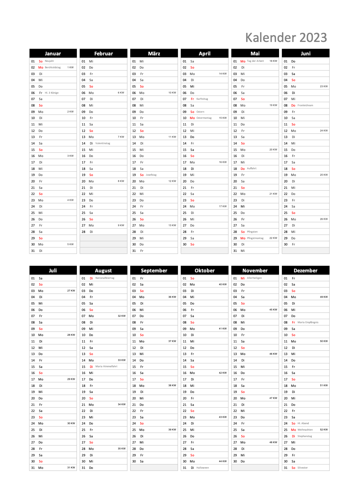 Jahreskalender 2023 Schweiz Excel PDF Muster Vorlage ch