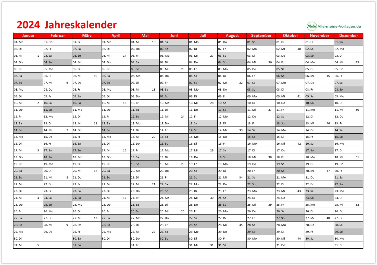 Jahreskalender 2024 Als Excel Vorlage Alle meine Vorlagen de