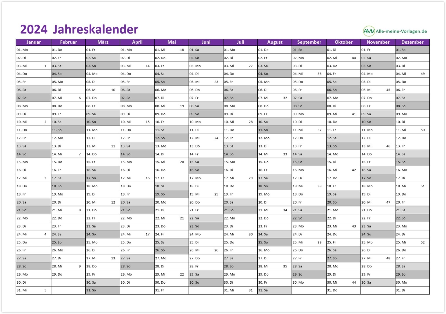 Jahreskalender 2024 Als Excel Vorlage Alle meine Vorlagen de