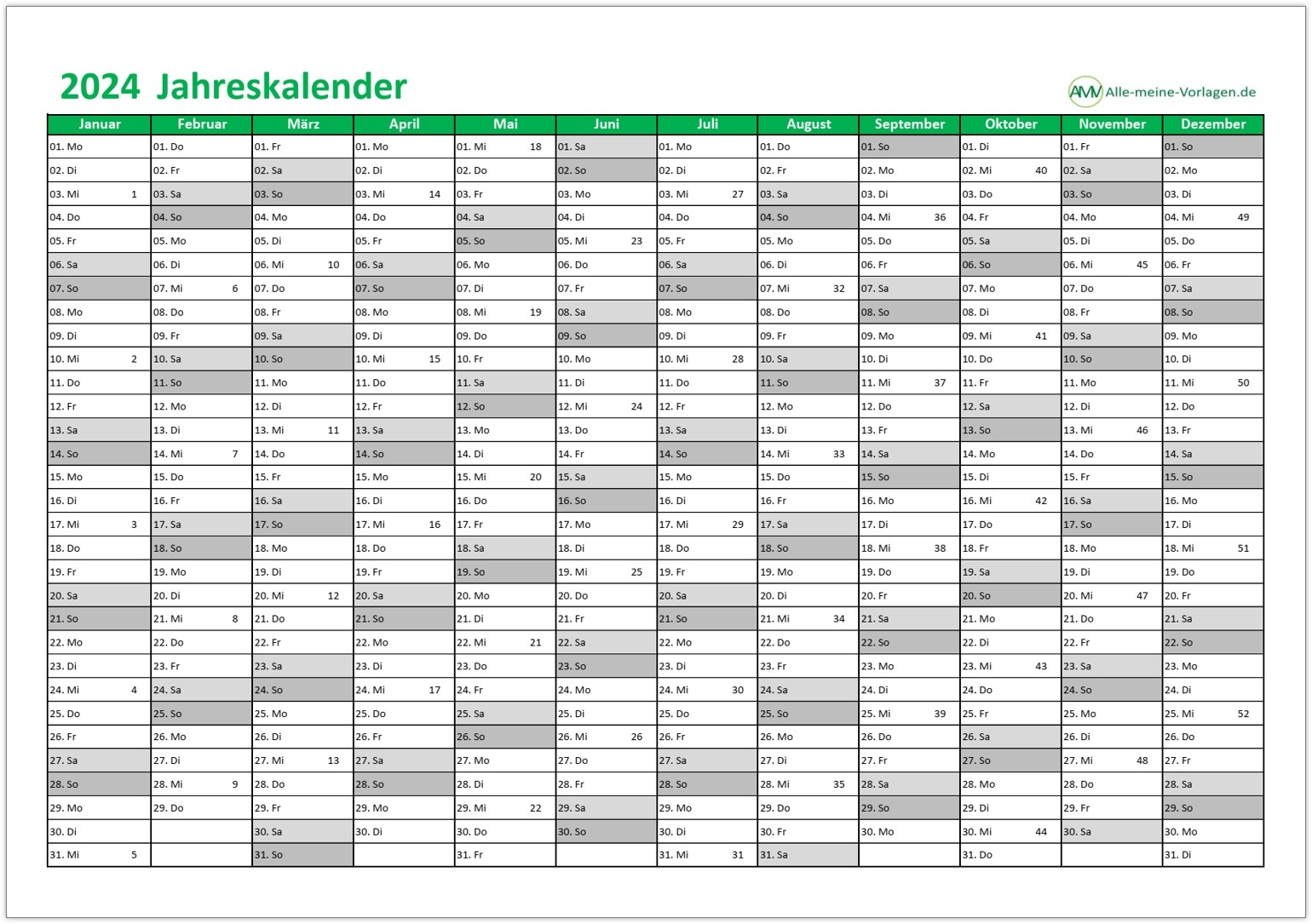 Jahreskalender 2024 Als Excel Vorlage Alle meine Vorlagen de