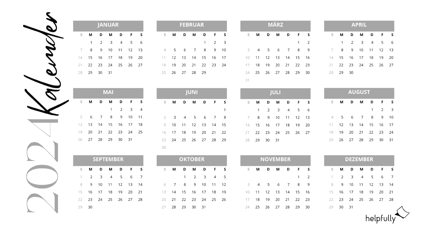 Jahreskalender 2024 berblick Monate 13 seitige Vorlage 