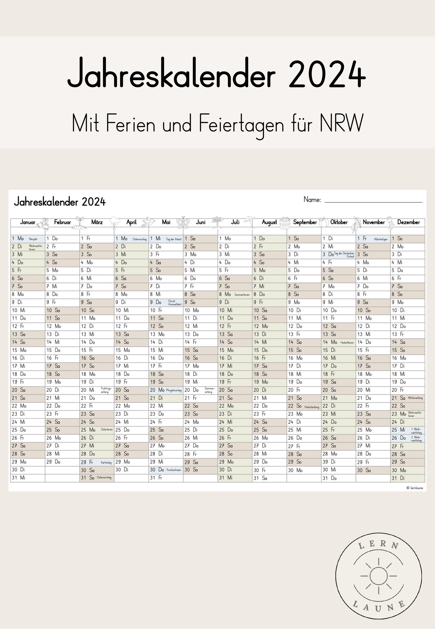 Jahreskalender 2024 Mit Ferien Und Feiertagen F r NRW Unterrichtsmaterial Im Fach Sachunterricht