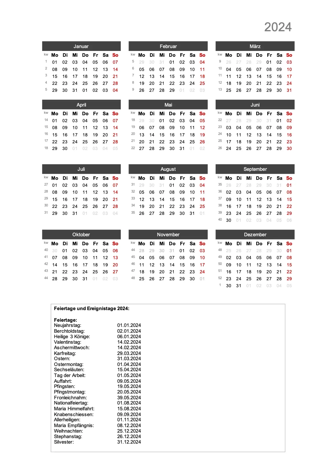 Jahreskalender 2024 Schweiz Zum Ausdrucken Excel PDF 