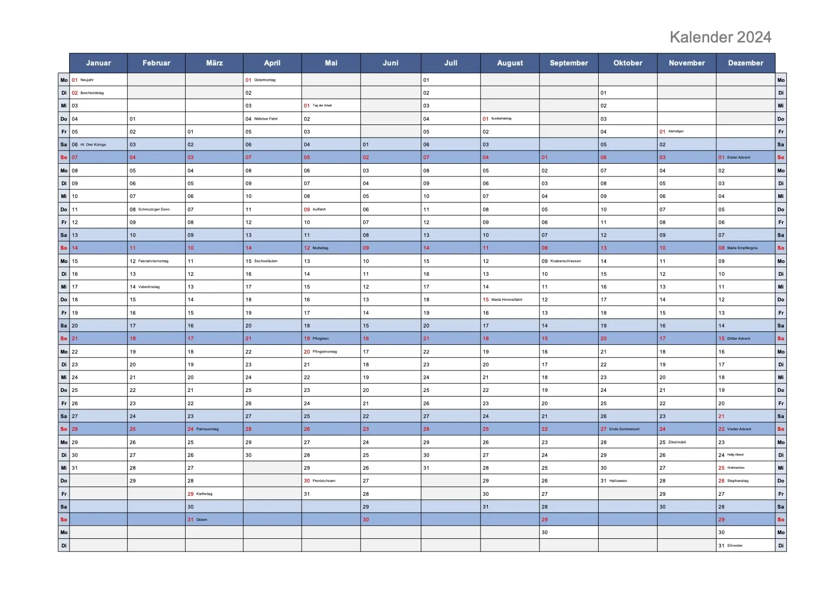 Jahreskalender 2024 Schweiz Zum Ausdrucken Excel PDF 