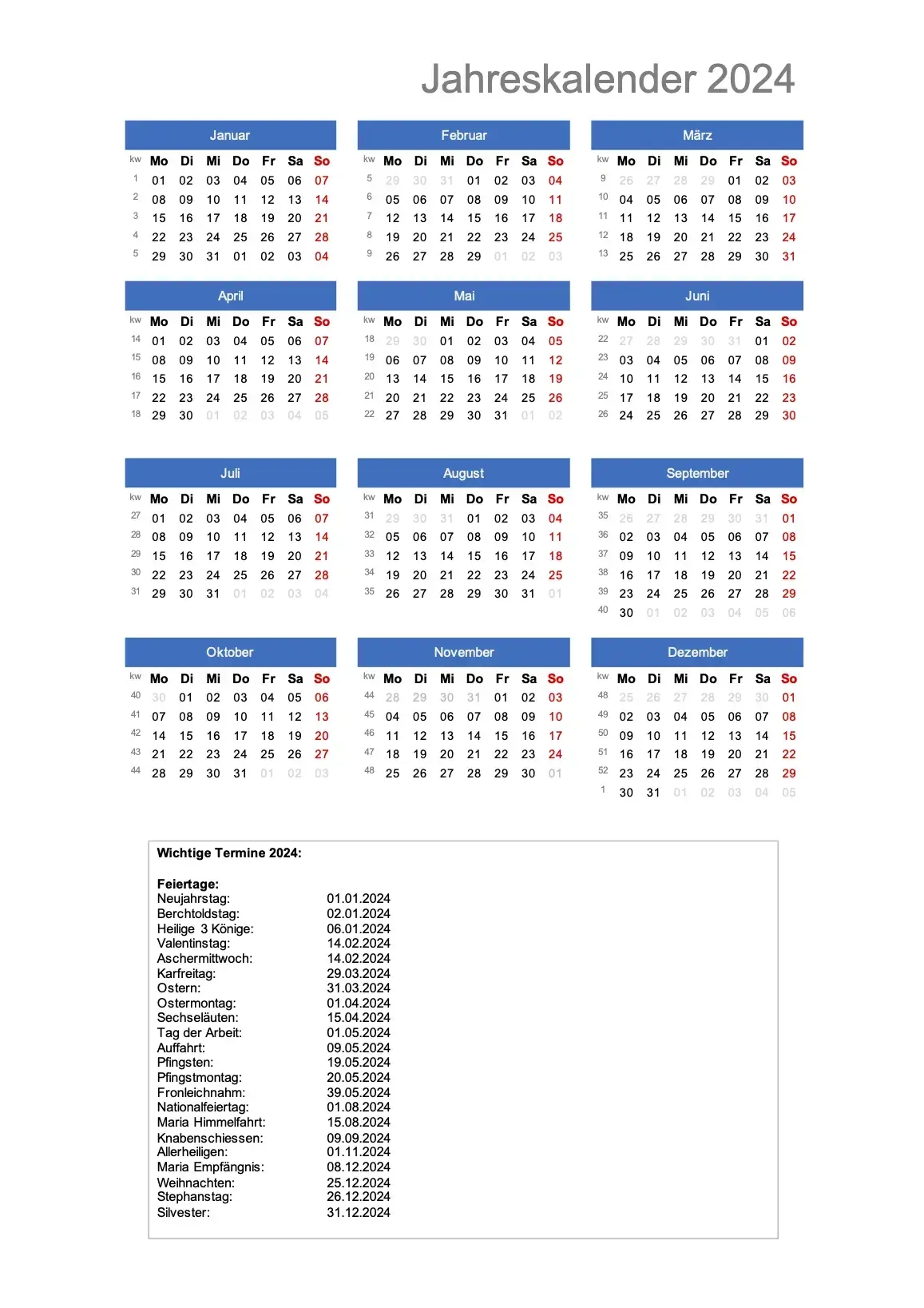 Jahreskalender 2024 Zum Ausdrucken Mit Feiertagen Und KW