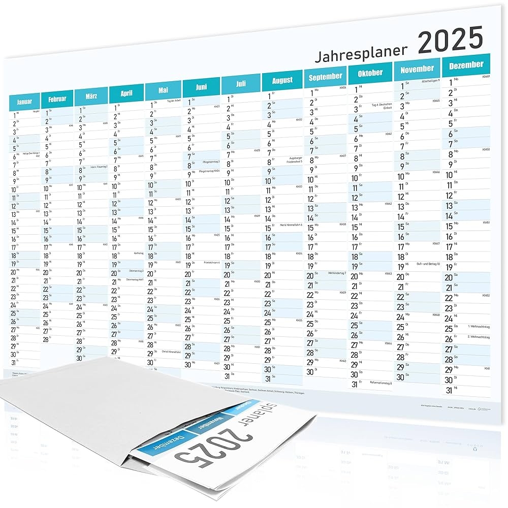 Jahreskalender 2025 A1 Wandkalender Jahresplaner 84x59 Cm Wandplaner Mit Kalenderwochen Feiertagen Gro format Kalender Wall Calender Plakatkalender Blau Amazon de B robedarf Schreibwaren