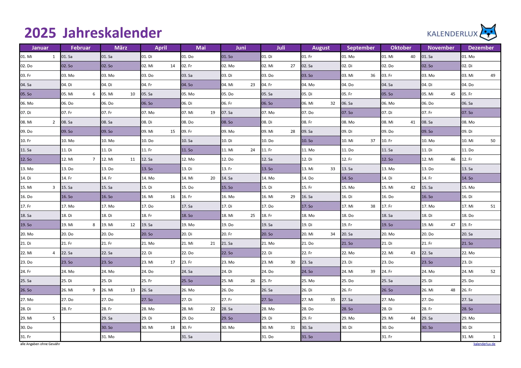 Kalenderwochen 2025 Excel