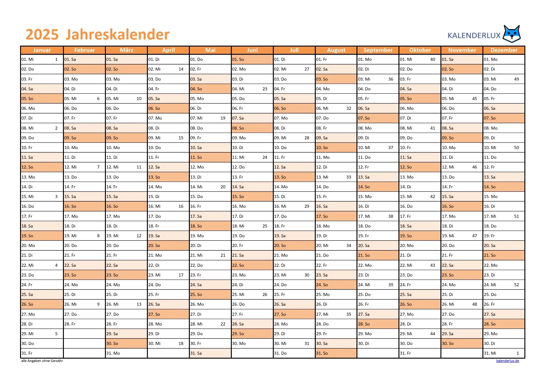 Jahreskalender 2025 Kalenderlux
