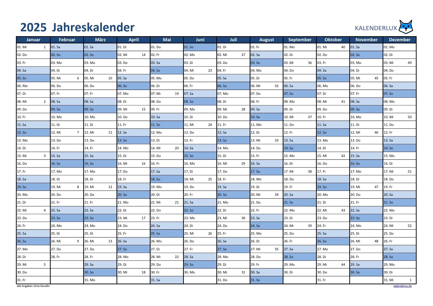 Jahreskalender 2025 Kalenderlux