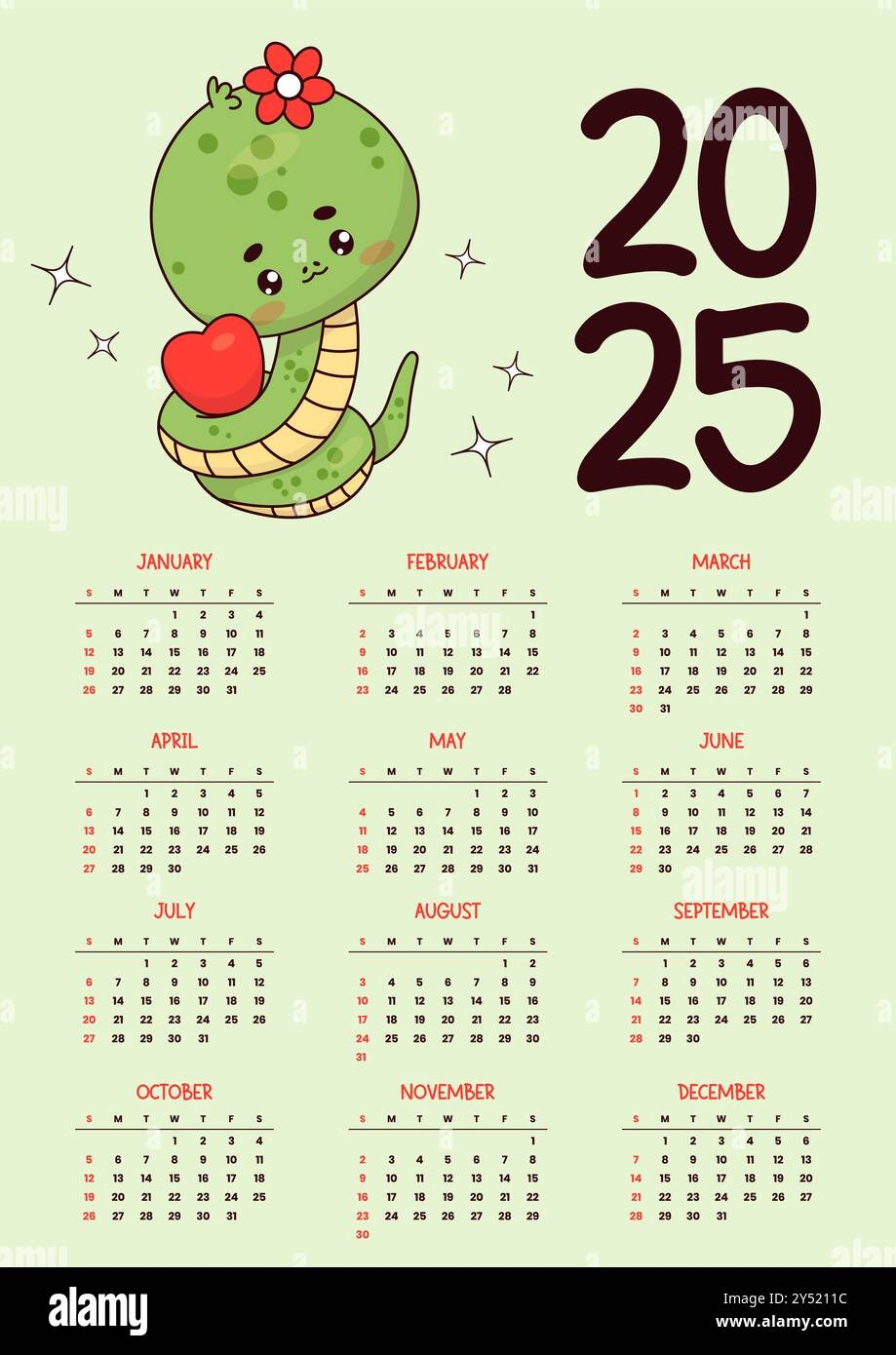 Jahreskalender 2025 S es Schlangenm dchen Mit Herz Lustige Kawaii Figur Silvester Vektor Vertikale Vorlage 12 Monate Auf Englisch Woche Beginnt Sonntag Stock Vektorgrafik Alamy