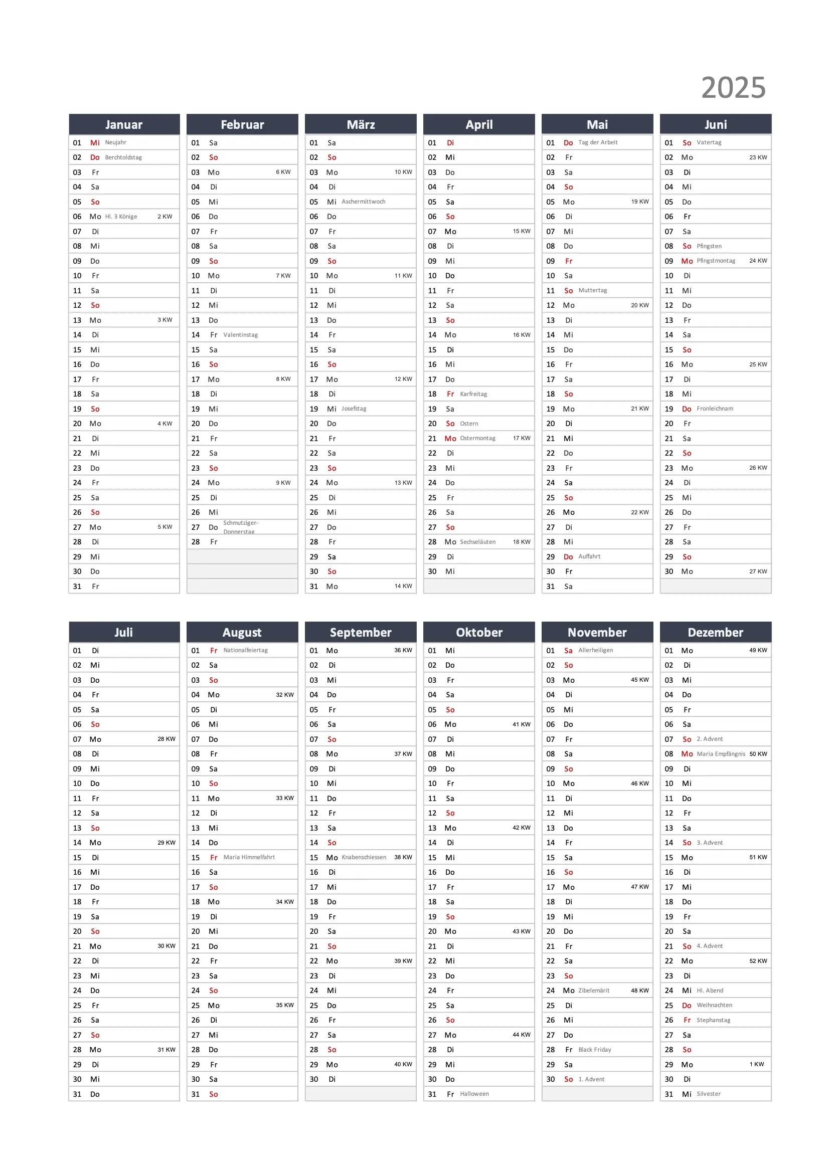 Jahreskalender 2025 Zum Ausdrucken Gratis F r Excel PDF