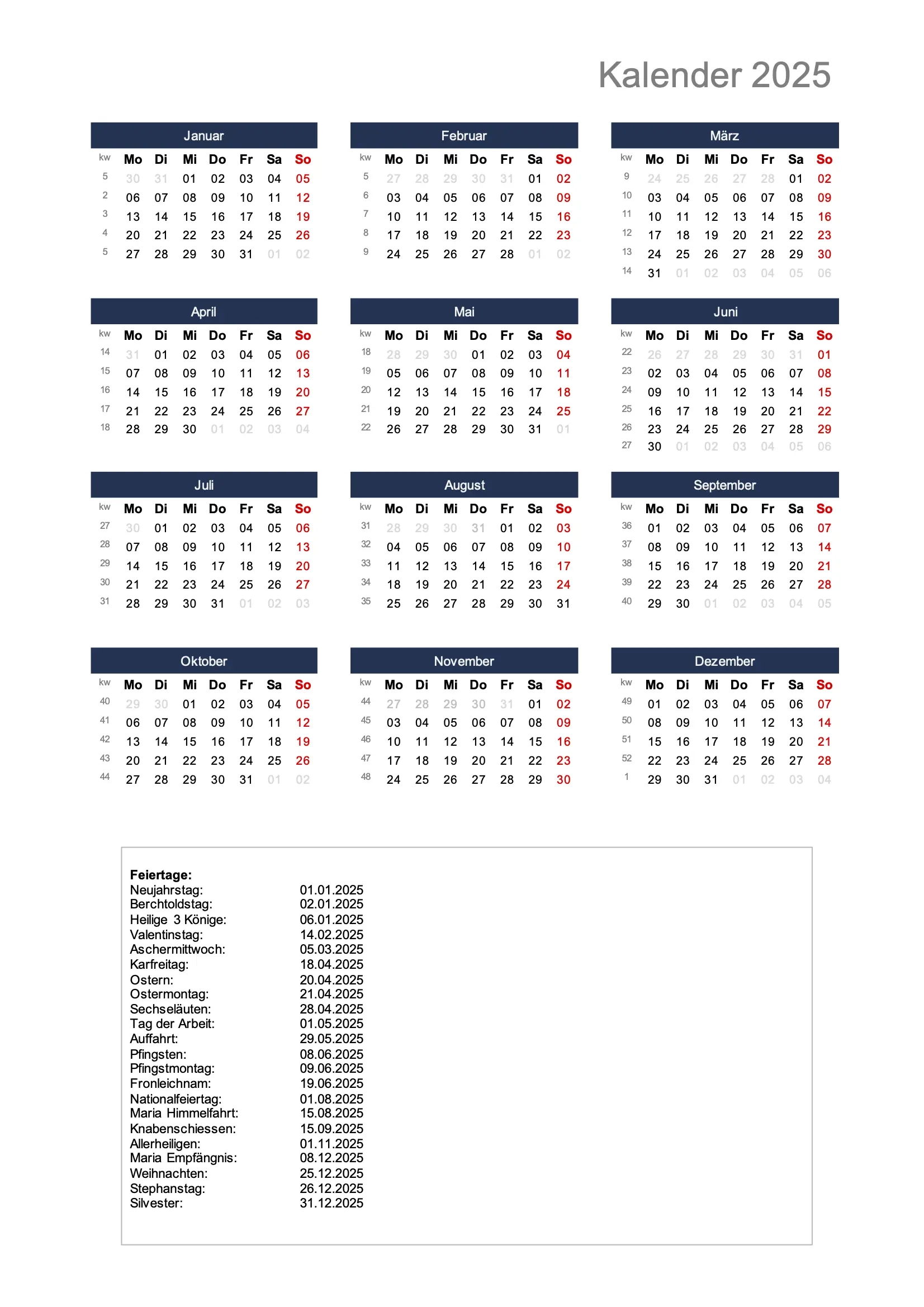 Jahreskalender 2025 Zum Ausdrucken Gratis F r Excel PDF