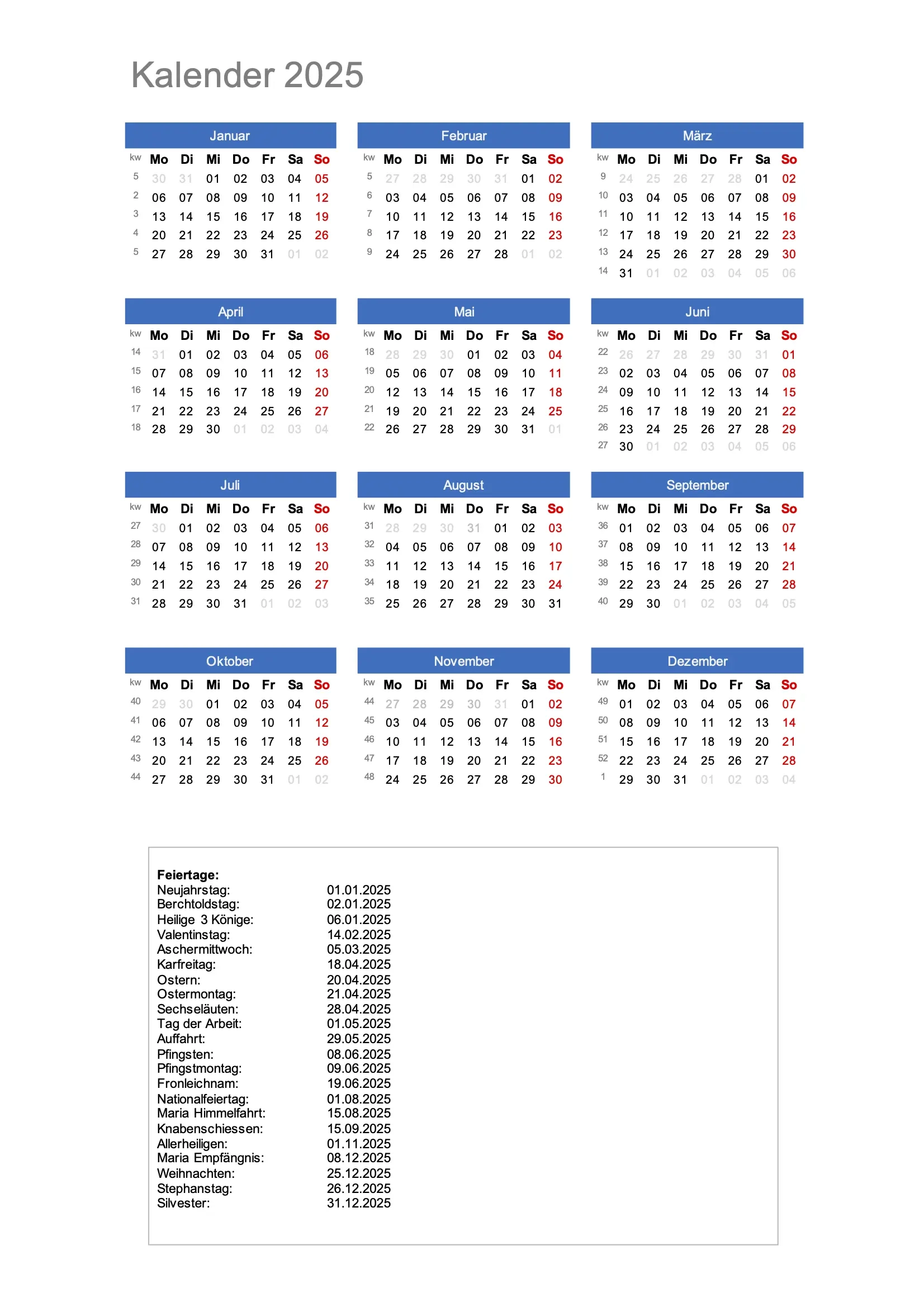 Schulkalender 2025 Tabelle