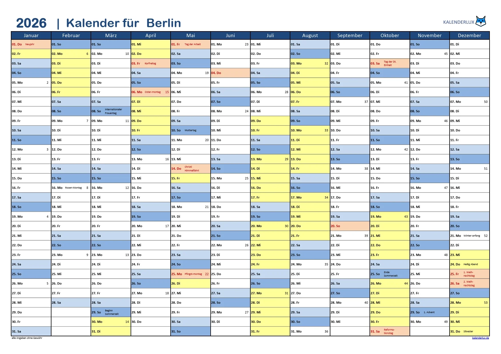 Jahreskalender 2026 Kalenderlux