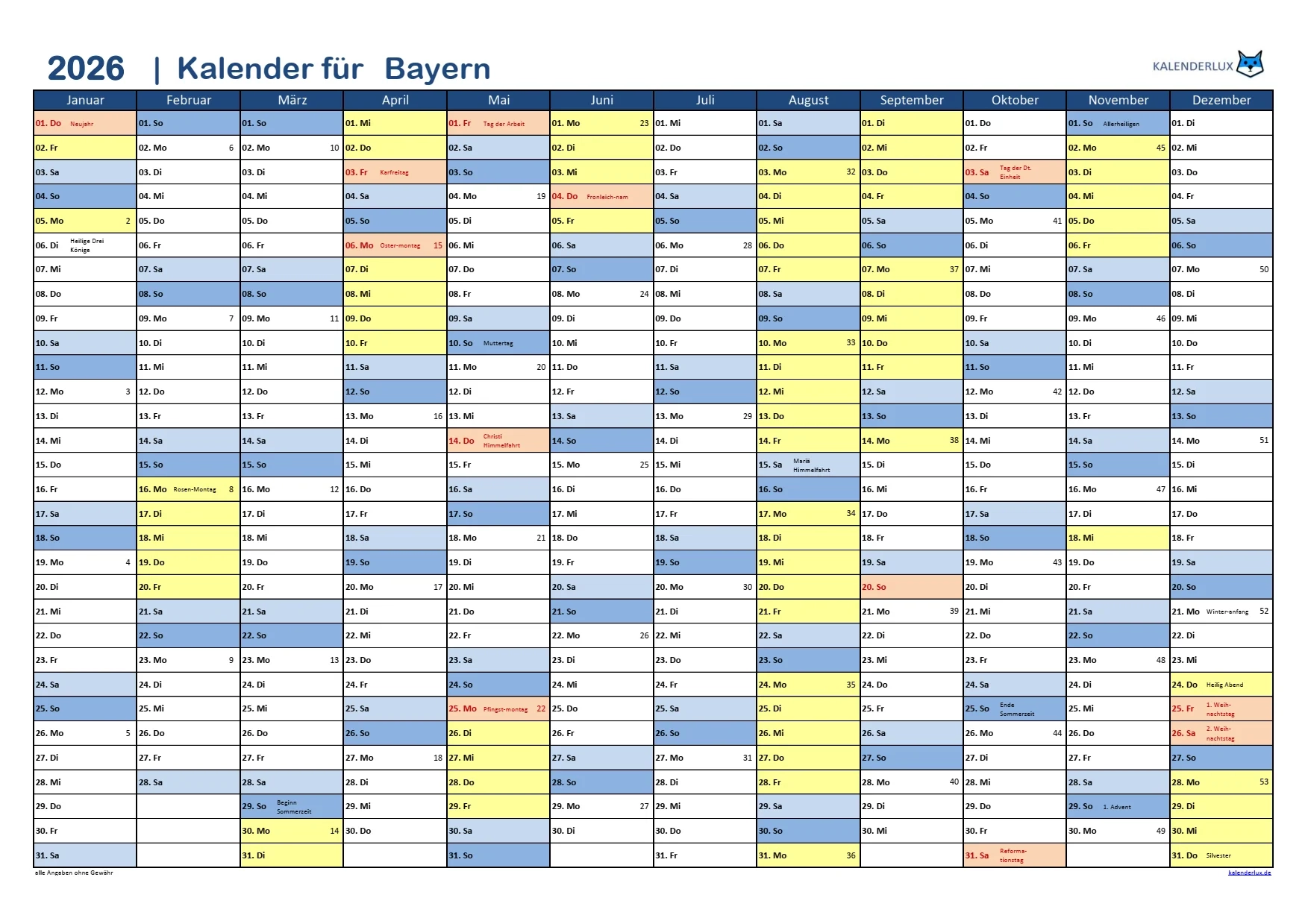 Urlaubskalender Exel Ferien Bayern