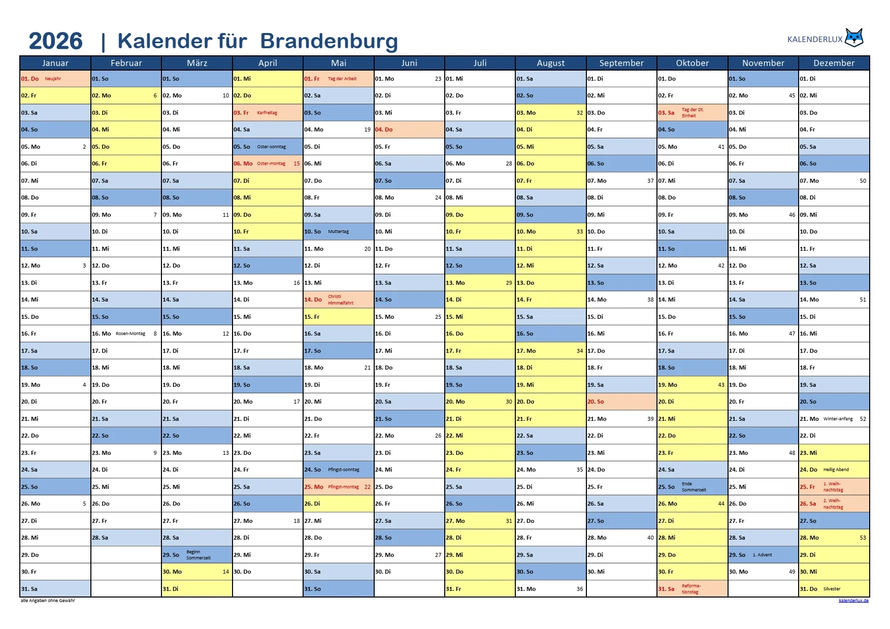 Jahreskalender 2026 Kalenderlux